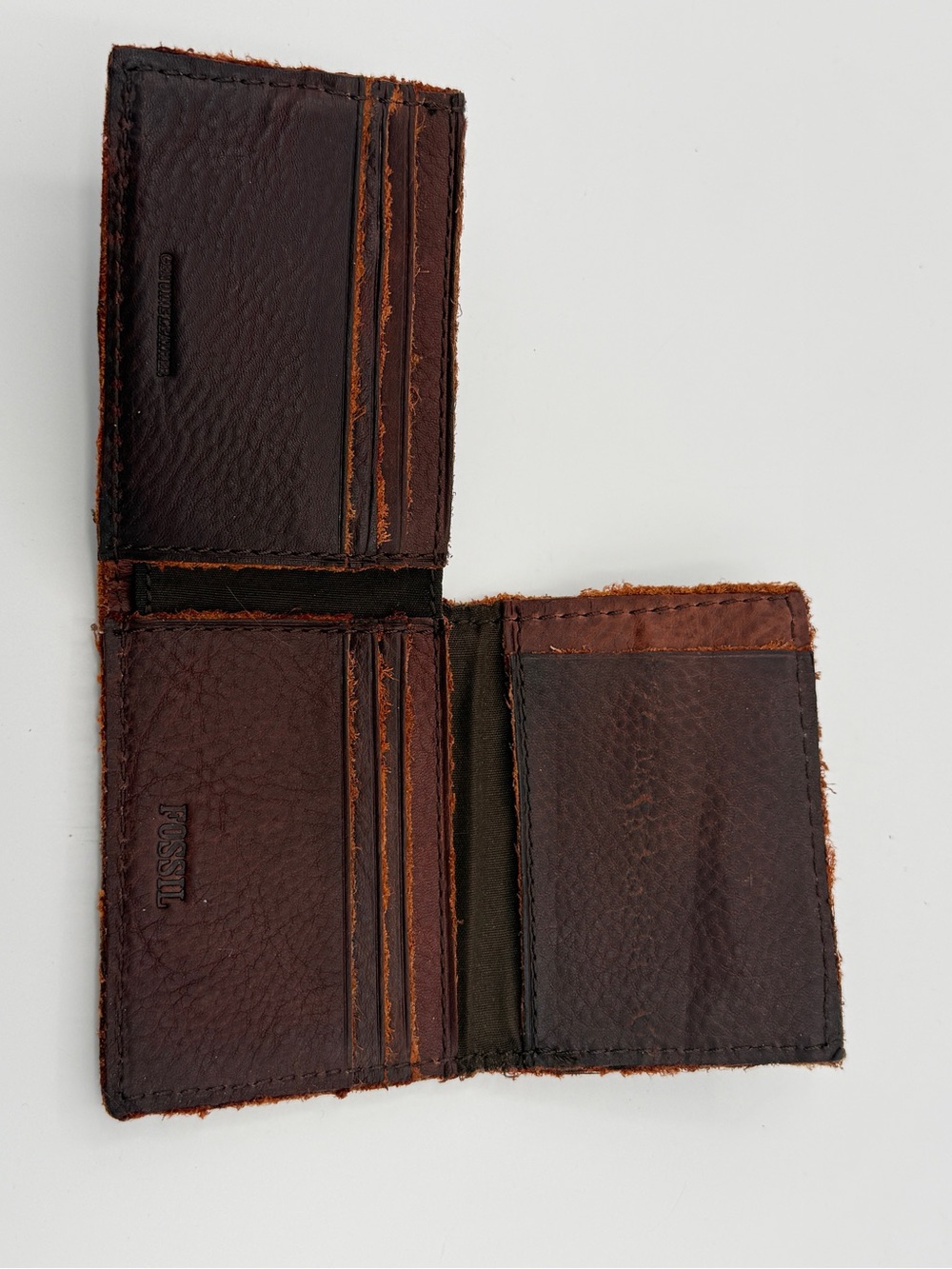 Fossil Bifold Wallet Leather Raw Edge Trifold Card Wallet Minimalist Rustic
